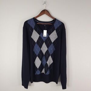 Banana Republic Sweater Mens XL Navy Blue Argyle 100% Merino Wool V Neck New
